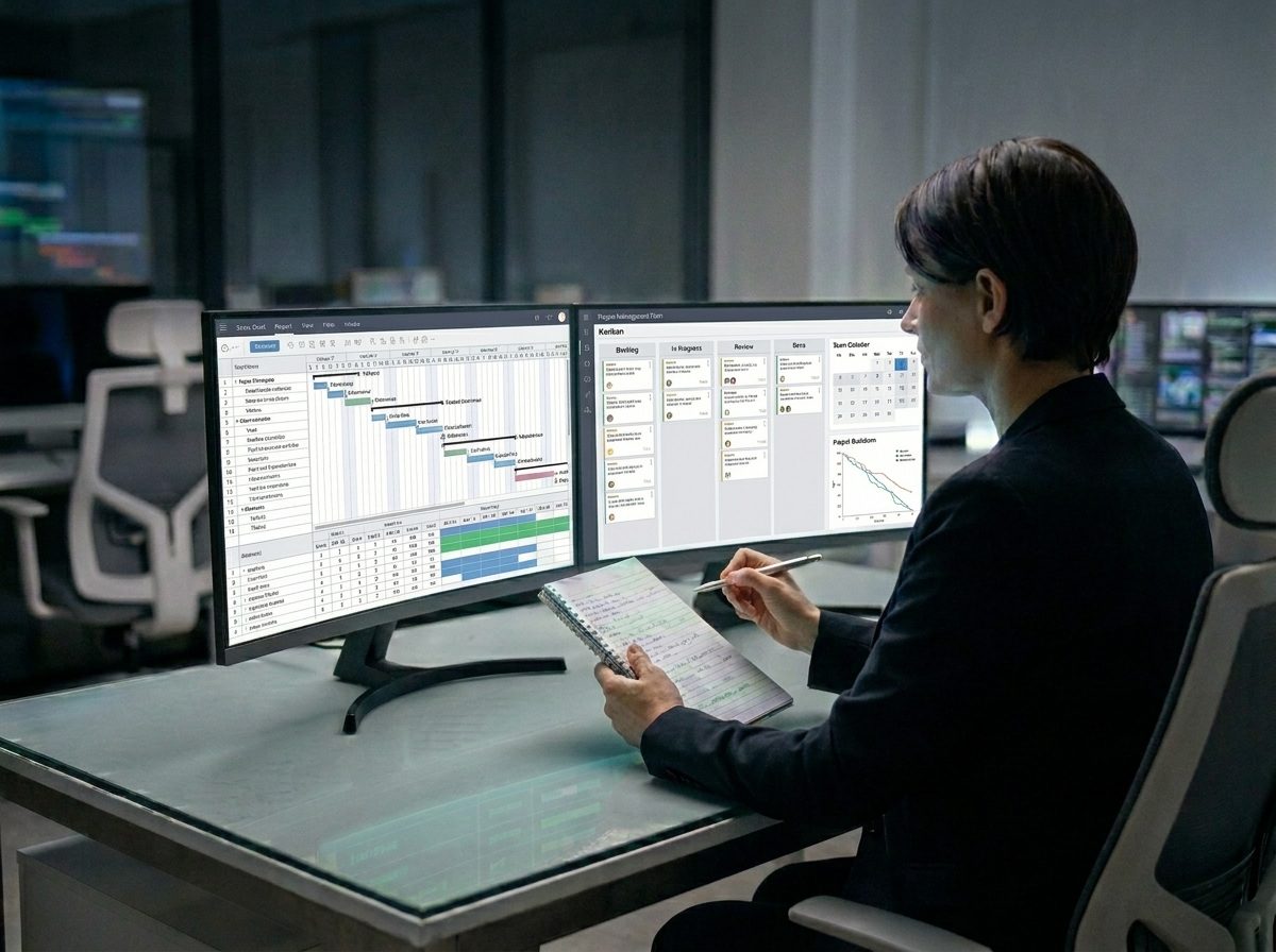 Planning Assistant — planner at a workstation with a Gantt and Kanban board
