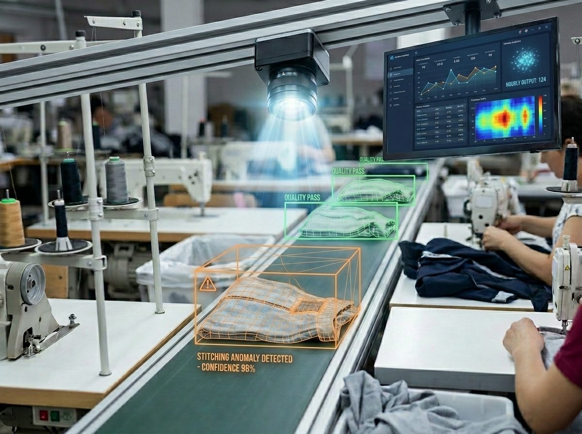 AI Vision — overhead smart camera over a sewing line with quality-pass and anomaly boxes