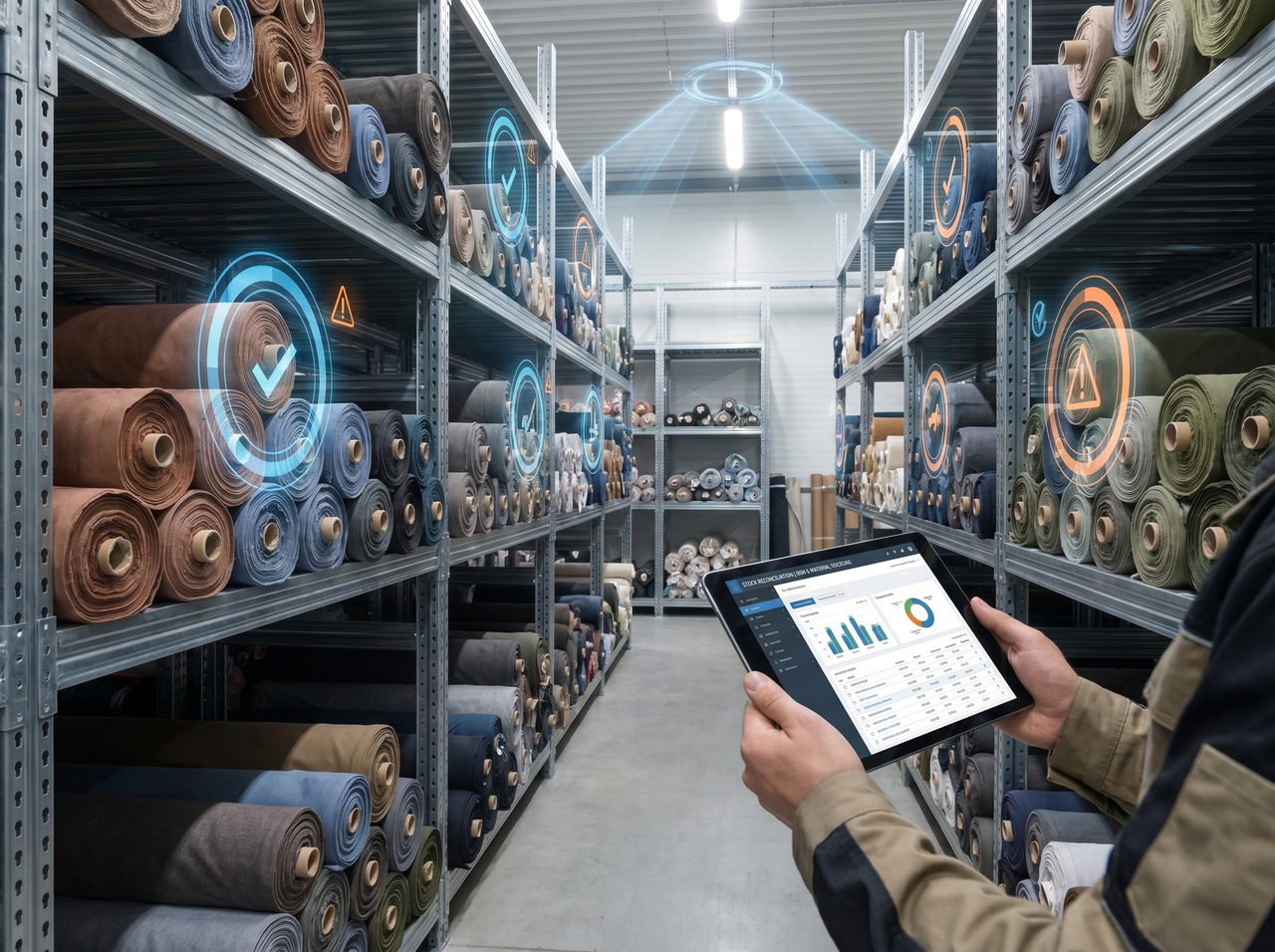 Warehouse & Sourcing — fabric-roll warehouse with inventory rings and a tablet