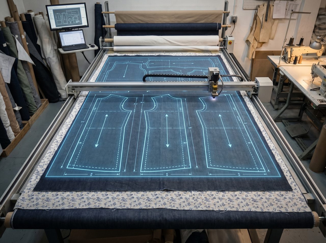 Automated cutting table with a blue CAD pattern blueprint projected over cloth