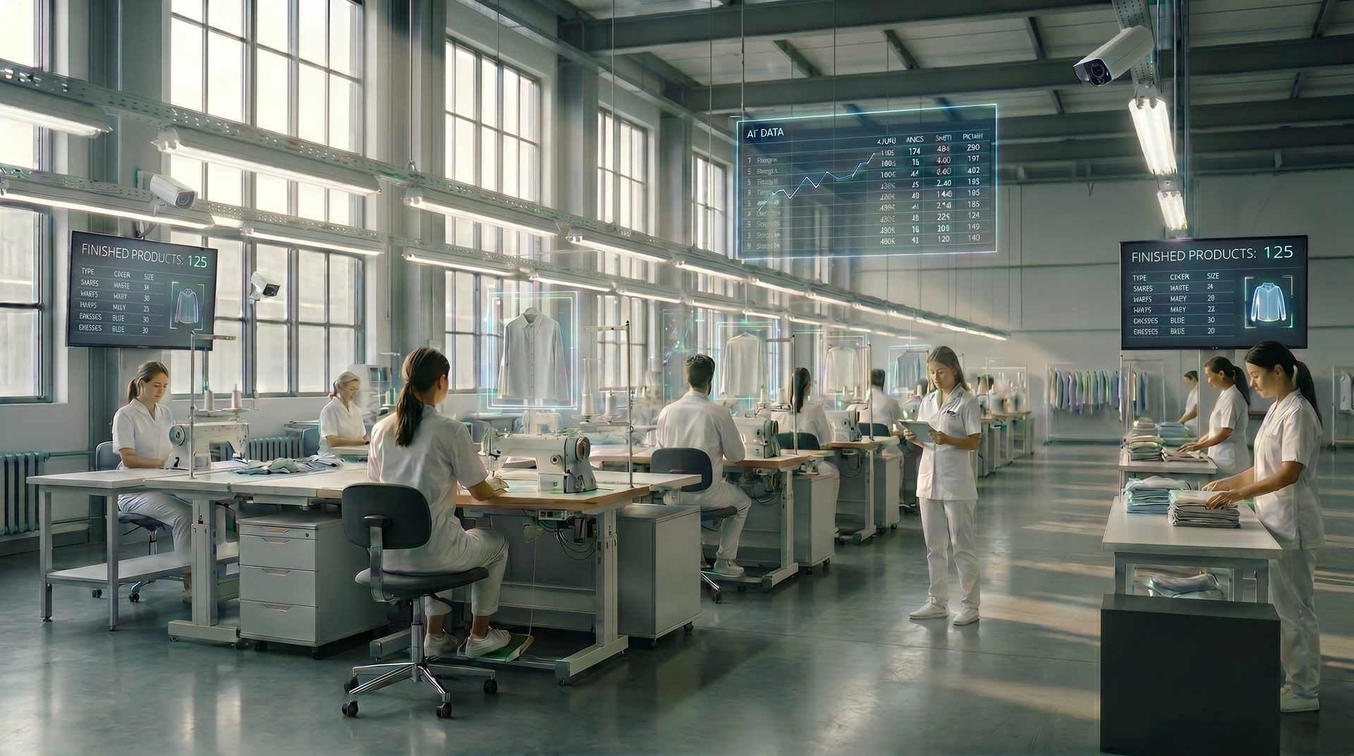 Modern garment factory floor with a subtle AI overlay across the production lines