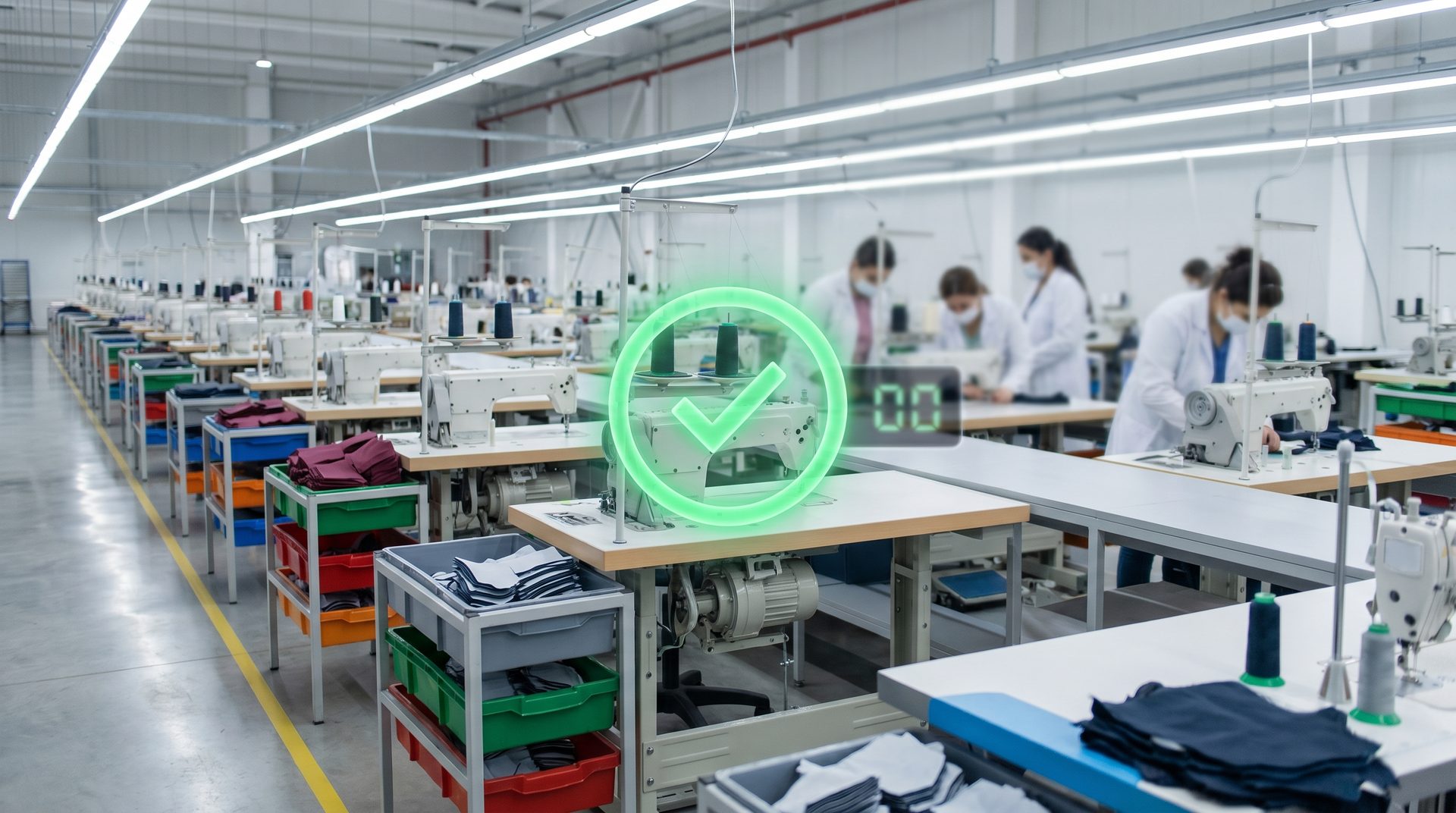 Real sewing line at Nha Be Garment with an operator and a green quality-check indicator in production