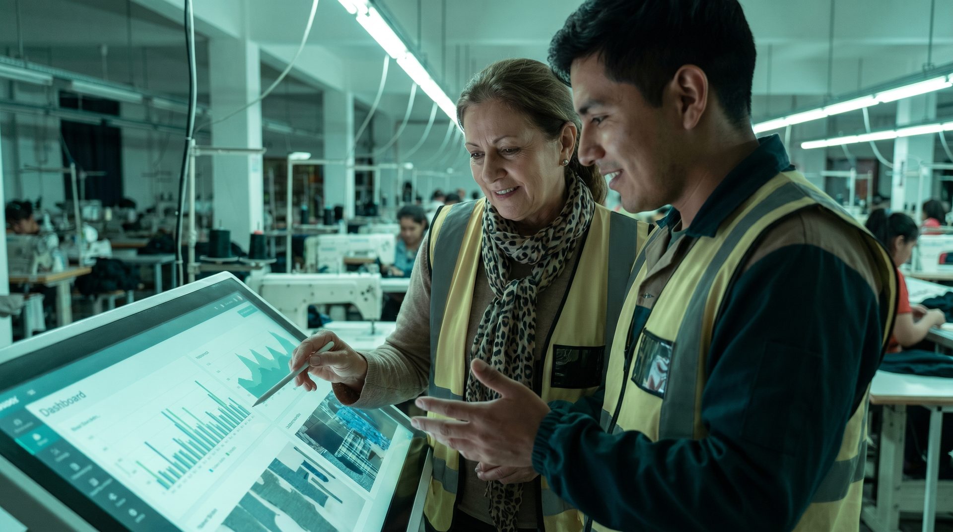 Two garment-factory operators reviewing a production dashboard together on the floor